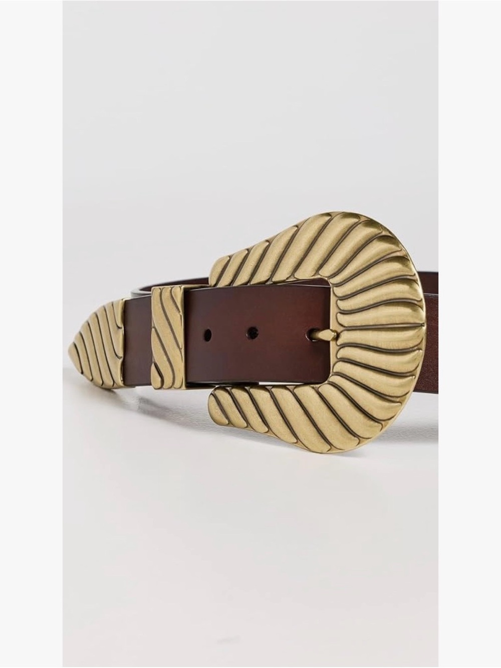 THE GREAT. Women's Brown Leather Belt with Brushed Gold Decorative Buckle